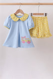Blue Bus Floral Applique Ruffle Set Aaria Tees