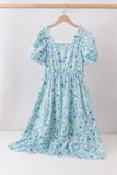 Blue Floral Tiered Women Dress Aaria Tees