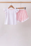 Pink Pencil ABC embroidery gingham ruffle shorts set Aaria Tees
