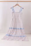 Blue Floral Smocked Mom Tiered Dress Aaria Tees