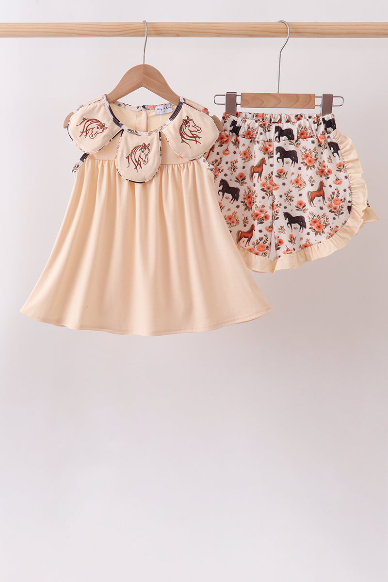 Khaki horse embroidery ruffle shorts set - Aaria Tees