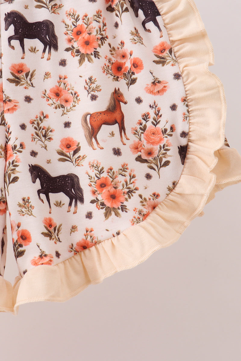 Khaki horse embroidery ruffle shorts set - Aaria Tees Aaria Tees