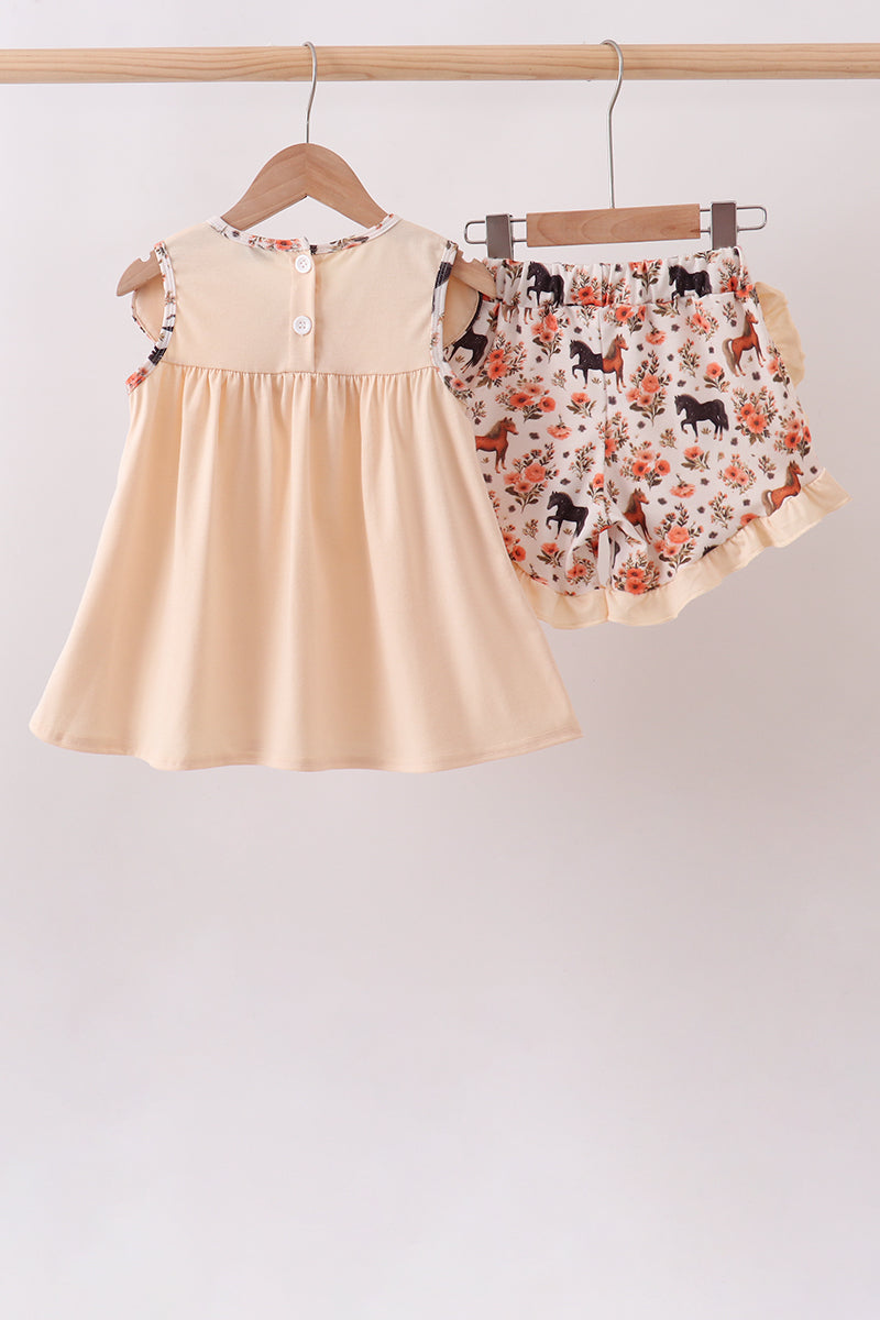 Khaki horse embroidery ruffle shorts set - Aaria Tees Aaria Tees