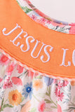 Coral Jesus Loves me Embroidered Floral Ruffle Dress Aaria Tees