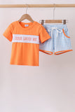 Coral Jesus Loves me Smocked Gingham Shorts Set Aaria Tees