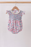 Blue Floral Smocked Ruffle Bubble Aaria Tees