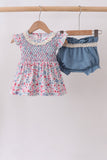 Blue Floral Smocked Ruffle Bloomer Set Aaria Tees