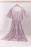 Blue Floral Print Mom Dress Aaria Tees