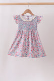 Blue Floral Smocked Ruffle Dress Aaria Tees