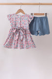 Blue Floral Smocked Scalloped Shorts Set Aaria Tees