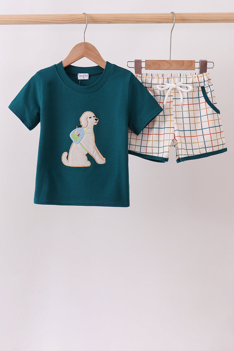 Teal Puppy Applique Plaid Set - Aaria Tees