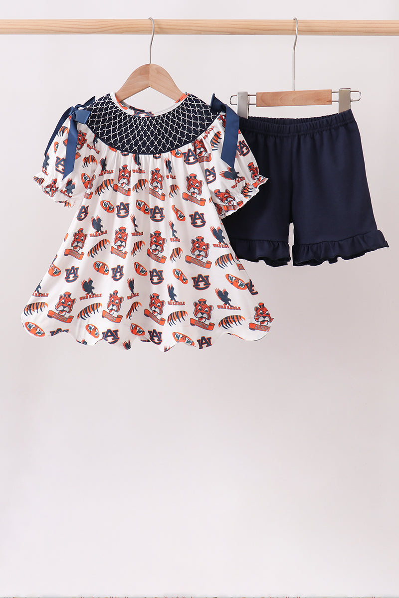 Navy Auburn Smocked Scalloped Shorts Set - Aaria Tees