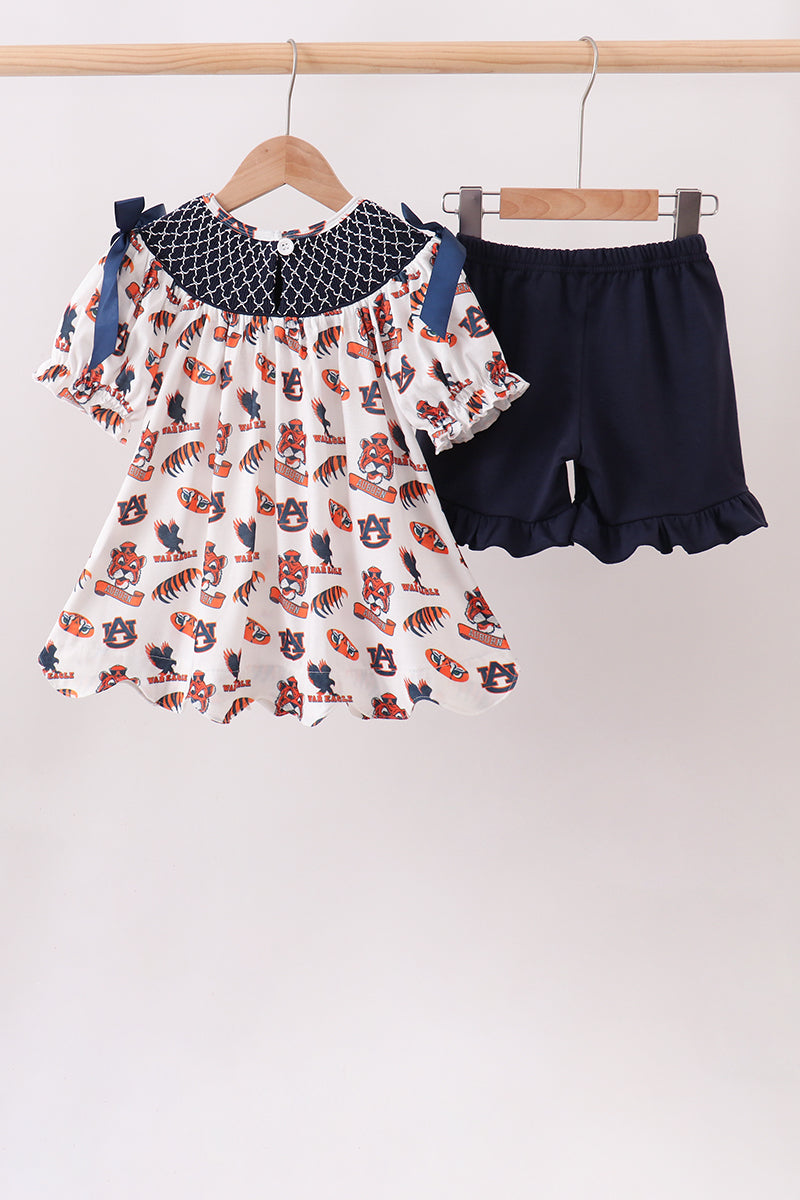 Navy Auburn Smocked Scalloped Shorts Set - Aaria Tees Aaria Tees