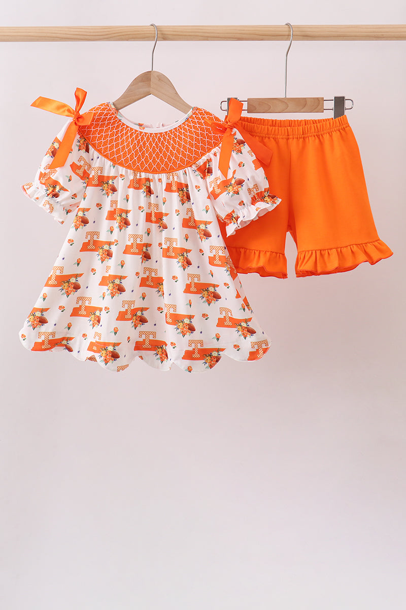 Orange Tennessee Smocked Scalloped Ruffle Shorts Set - Aaria Tees
