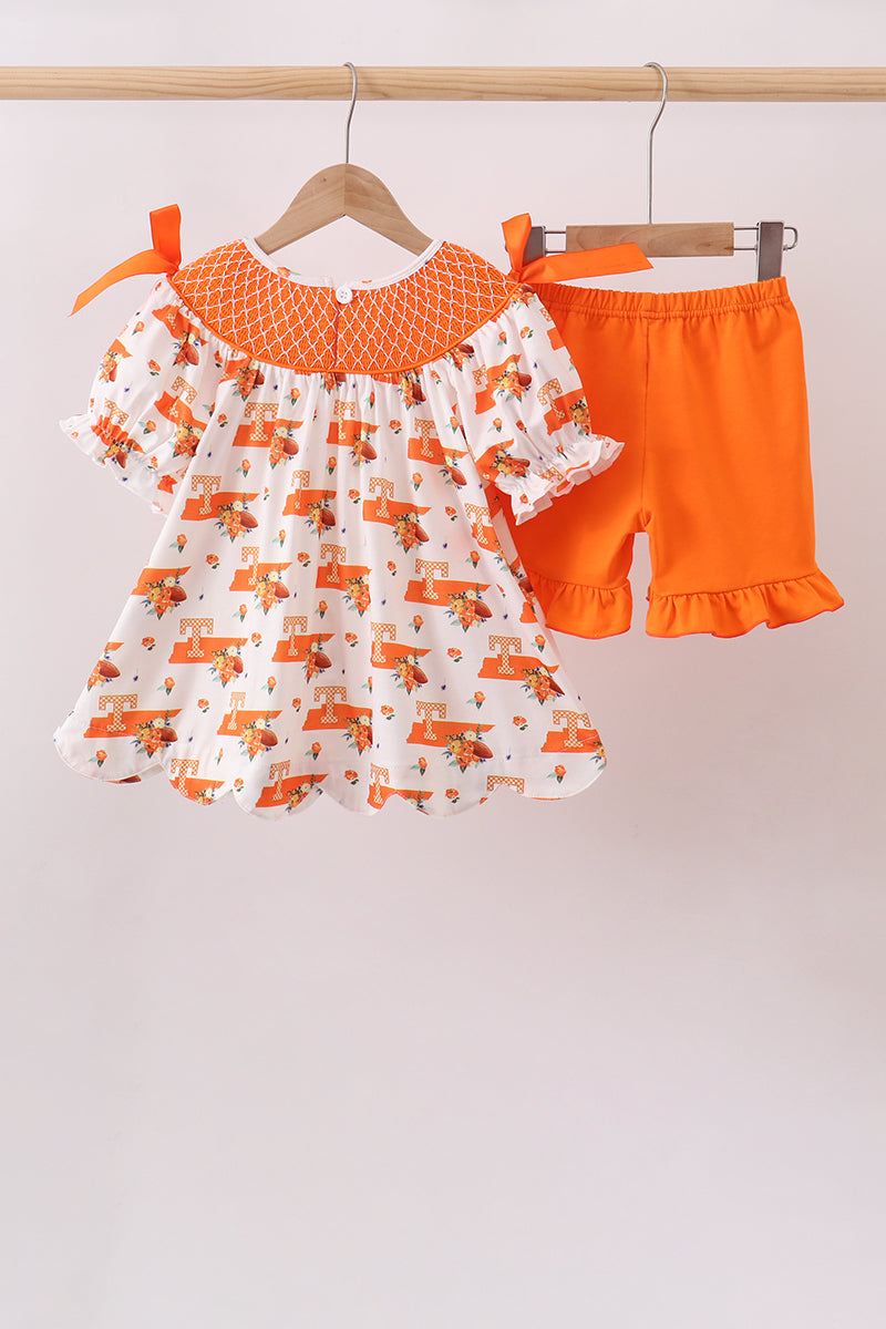 Orange Tennessee Smocked Scalloped Ruffle Shorts Set - Aaria Tees Aaria Tees