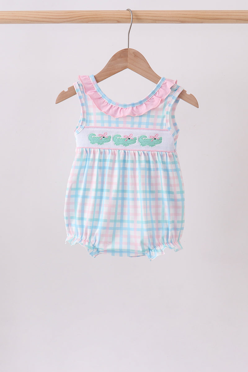 Pink Crocodile Smocked Gingham Bubble - Aaria Tees Aaria Tees