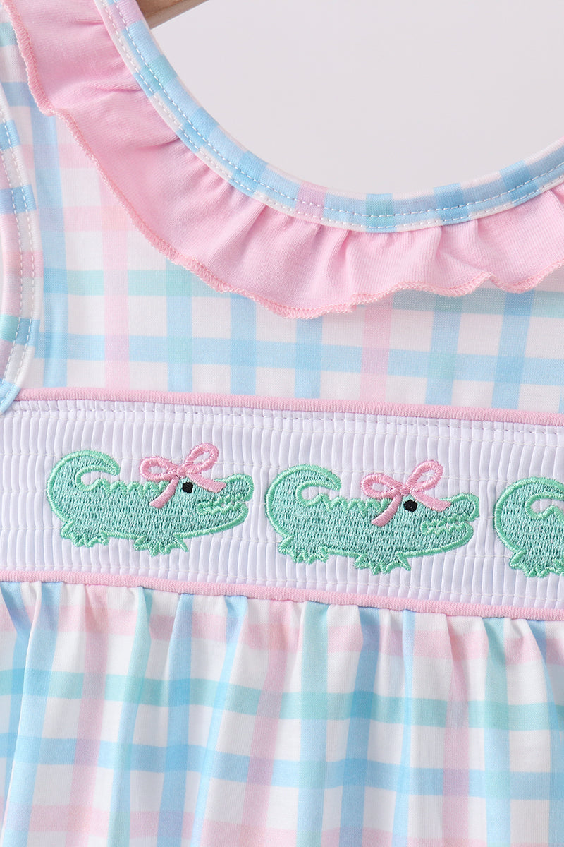 Pink Crocodile Smocked Gingham Bubble - Aaria Tees Aaria Tees
