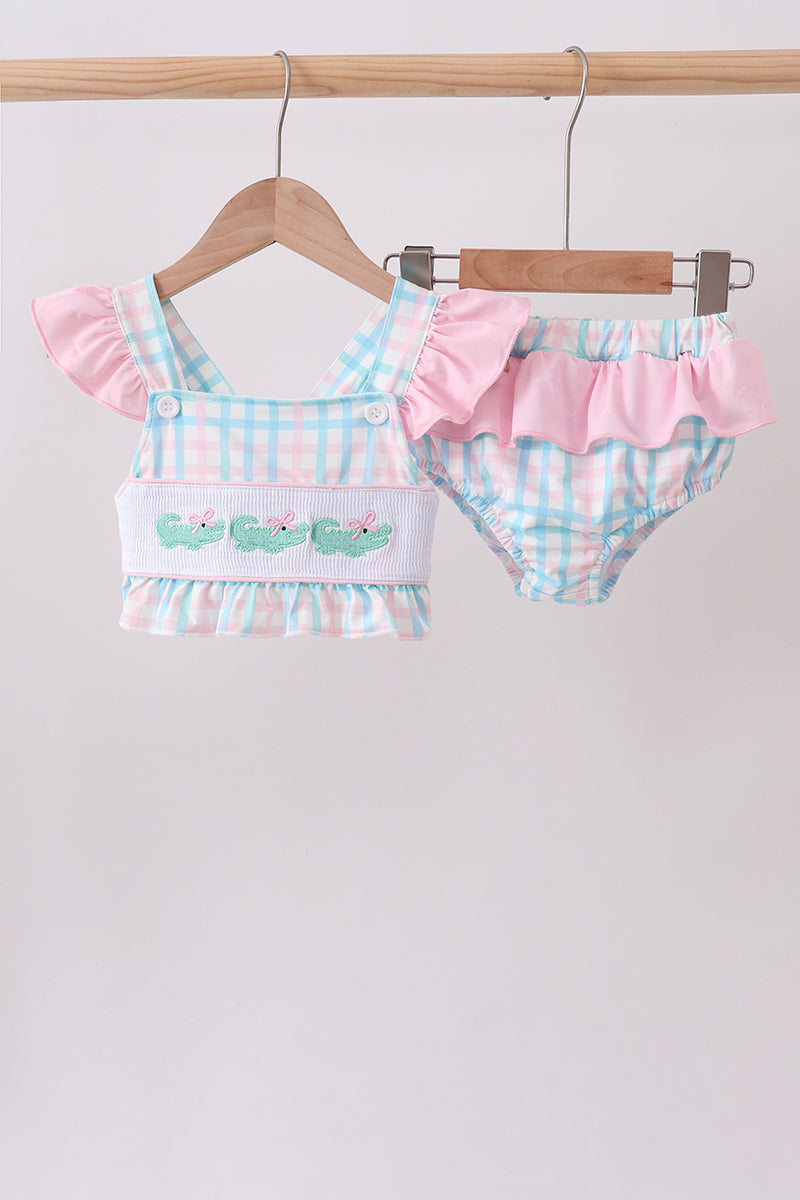 Pink Crocodile Smocked Gingham 2PC Swimsuit - Aaria Tees Aaria Tees