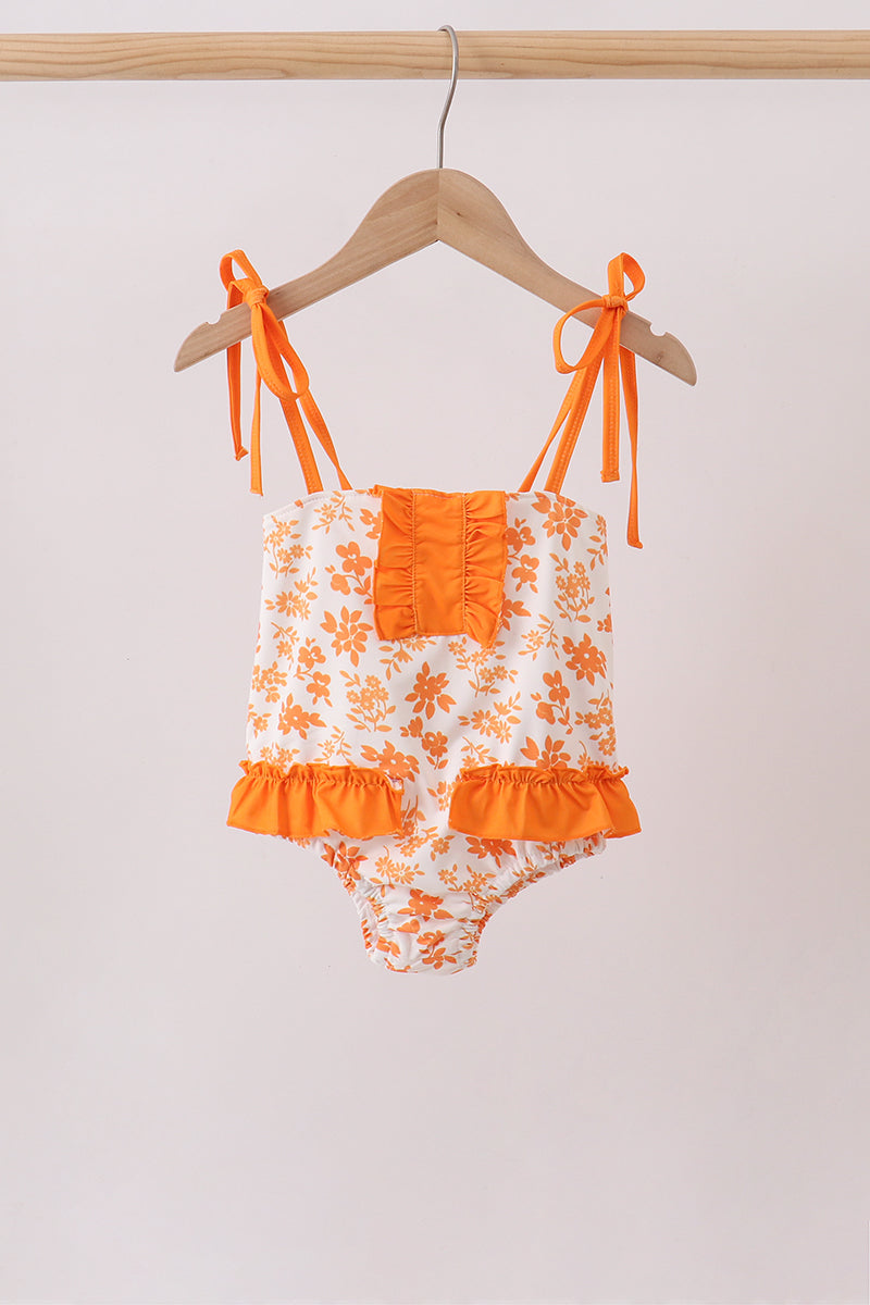 Orange Floral Print Ruffle Swimsuit - Aaria Tees Aaria Tees