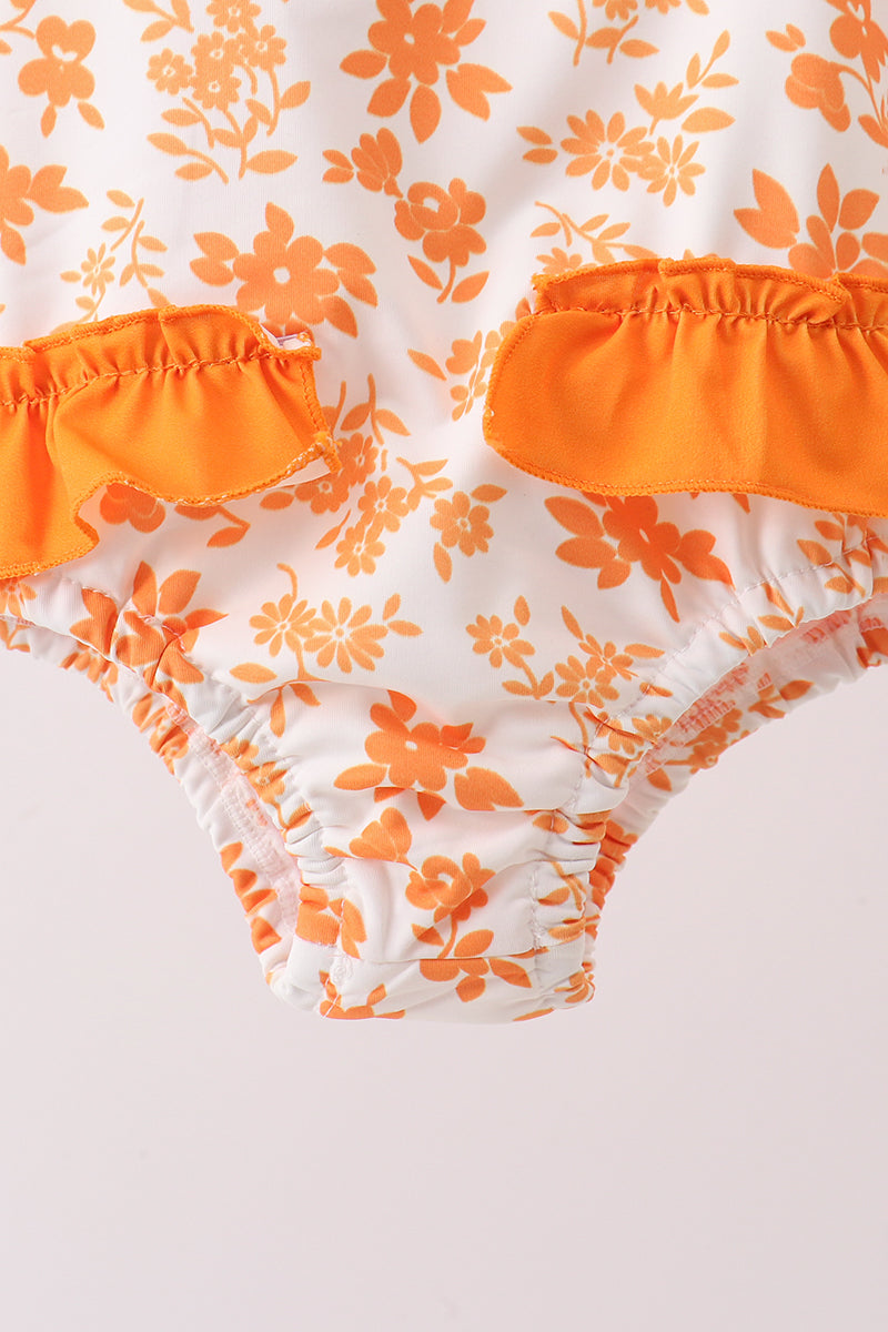 Orange Floral Print Ruffle Swimsuit - Aaria Tees Aaria Tees