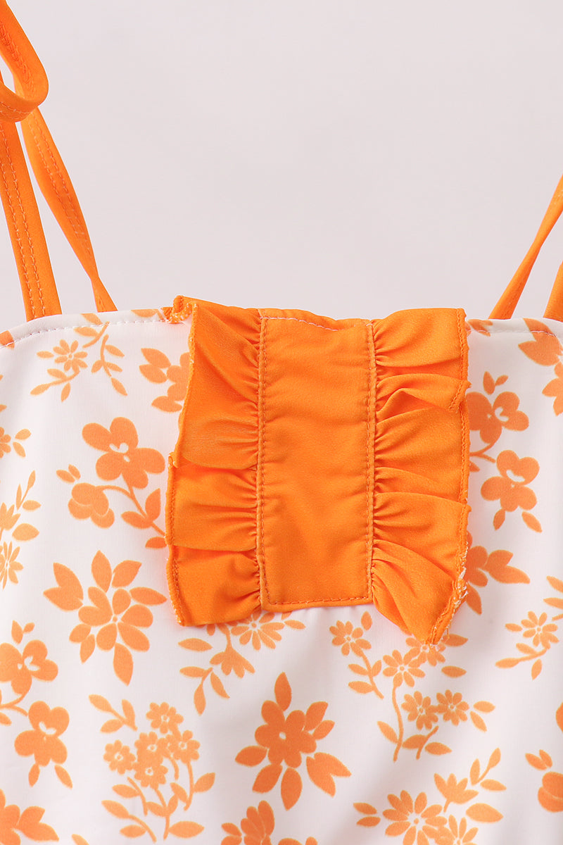 Orange Floral Print Ruffle Swimsuit - Aaria Tees Aaria Tees