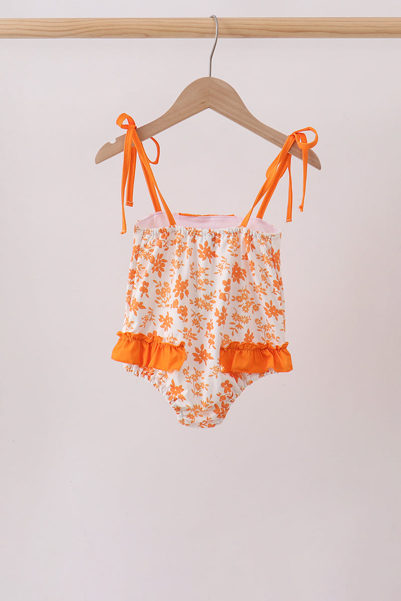 Orange Floral Print Ruffle Swimsuit - Aaria Tees Aaria Tees