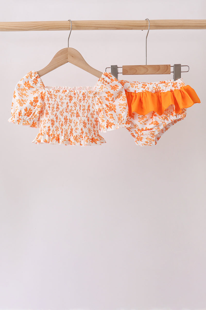 Orange Floral Smocked 2PC Ruffle Swimsuit - Aaria Tees Aaria Tees