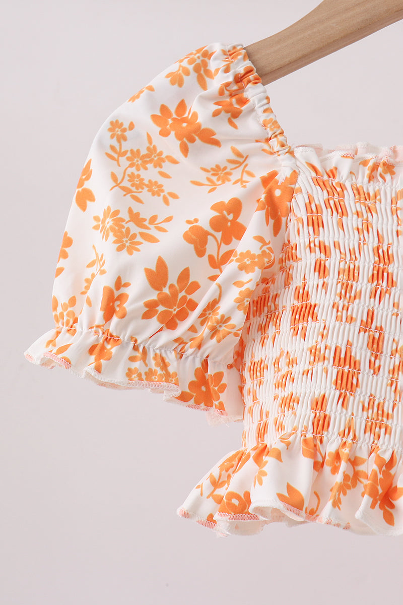 Orange Floral Smocked 2PC Ruffle Swimsuit - Aaria Tees Aaria Tees