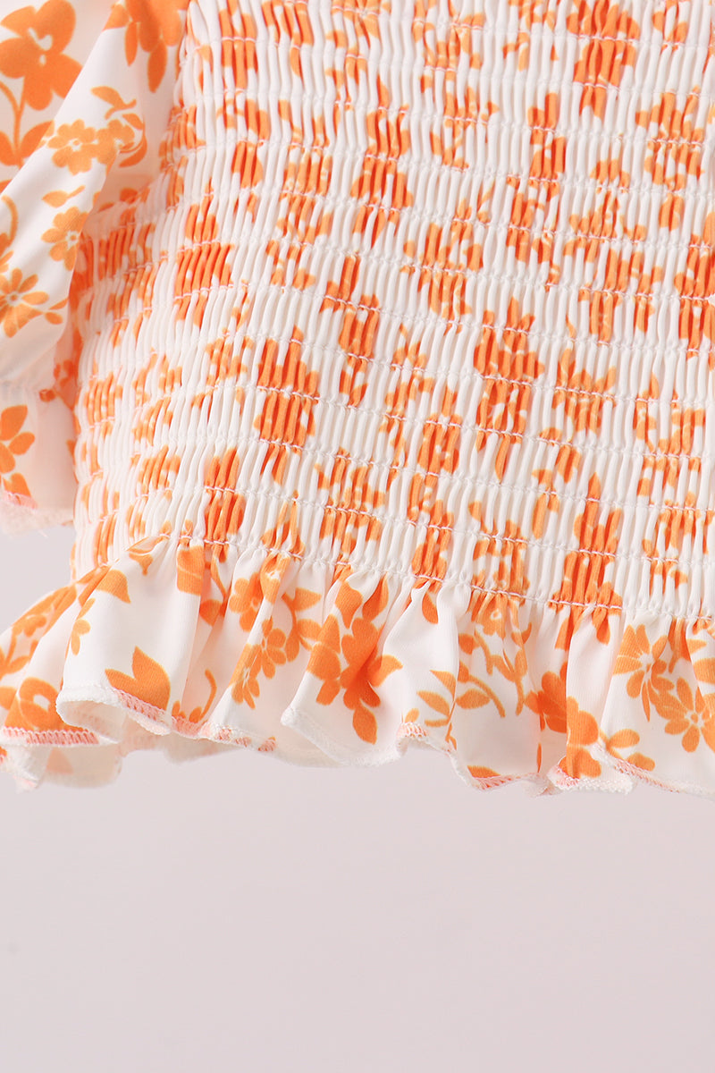 Orange Floral Smocked 2PC Ruffle Swimsuit - Aaria Tees Aaria Tees