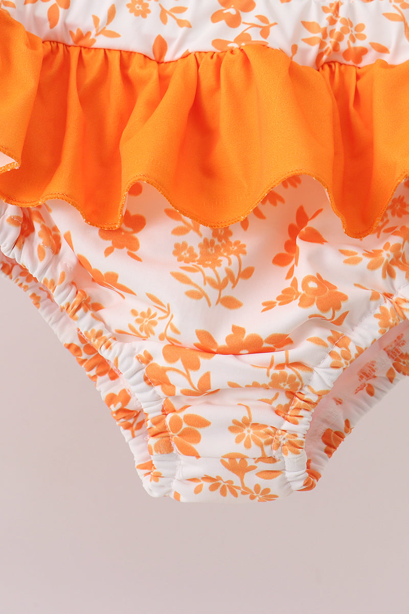 Orange Floral Smocked 2PC Ruffle Swimsuit - Aaria Tees Aaria Tees