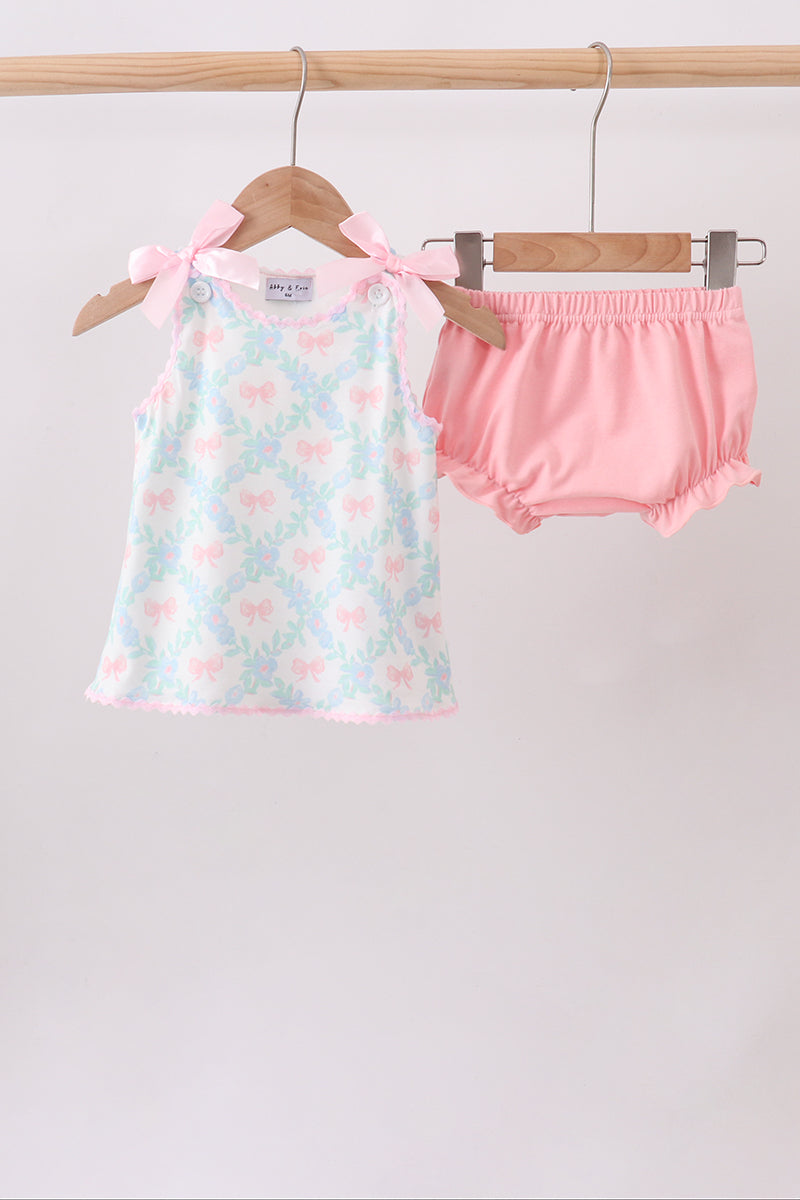 Pink Floral Bow Print Bloomer Set - Aaria Tees