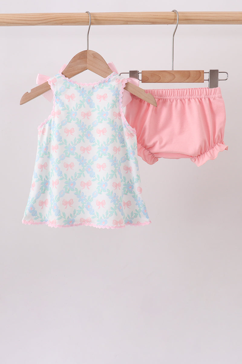 Pink Floral Bow Print Bloomer Set - Aaria Tees Aaria Tees