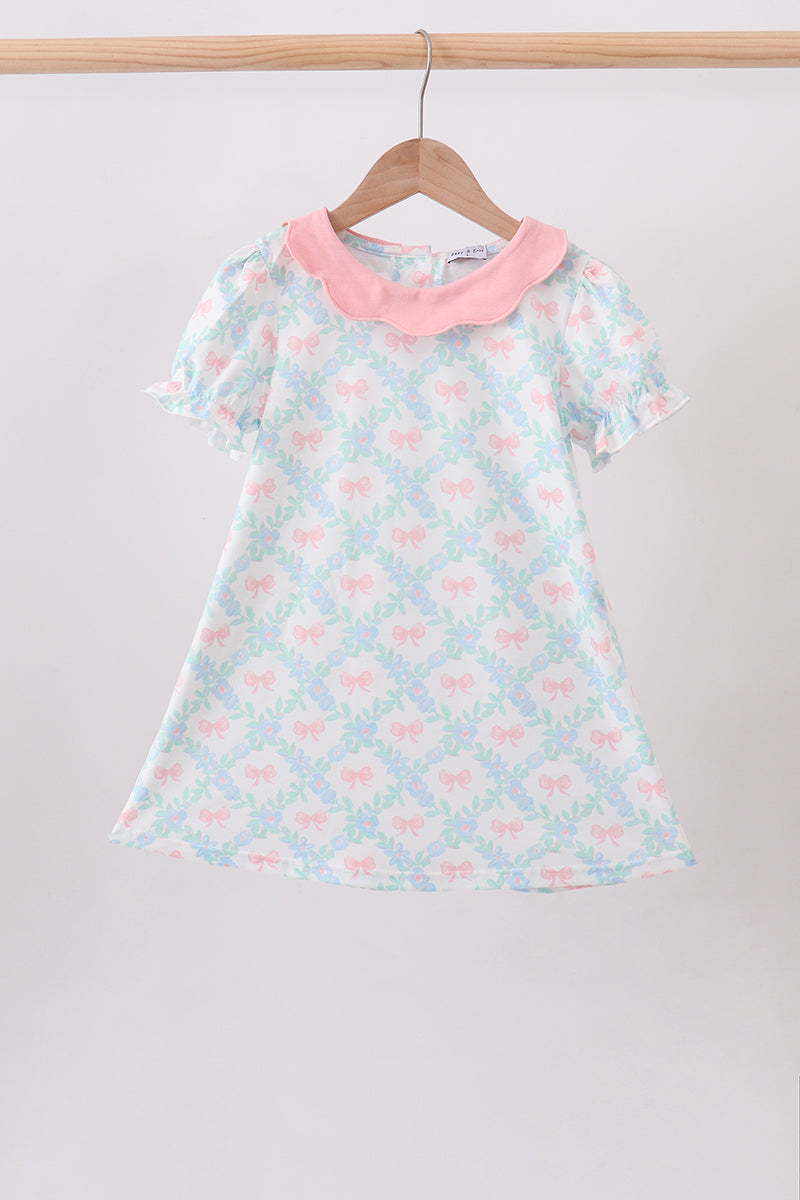Pink Floral Bow Print Dress - Aaria Tees