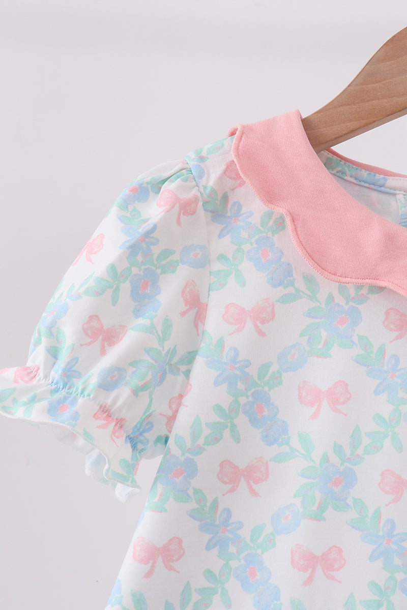 Pink Floral Bow Print Dress - Aaria Tees Aaria Tees