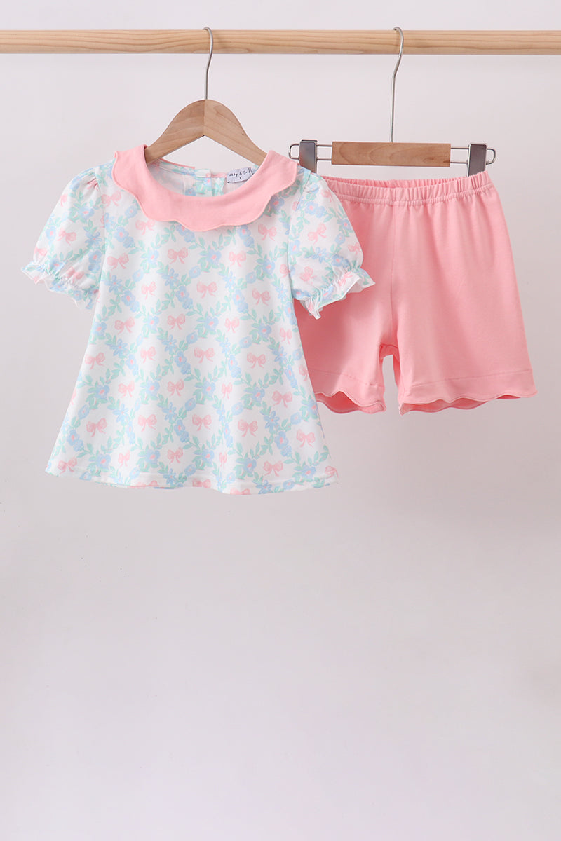 Pink Floral Bow Print Scalloped Shorts Set - Aaria Tees