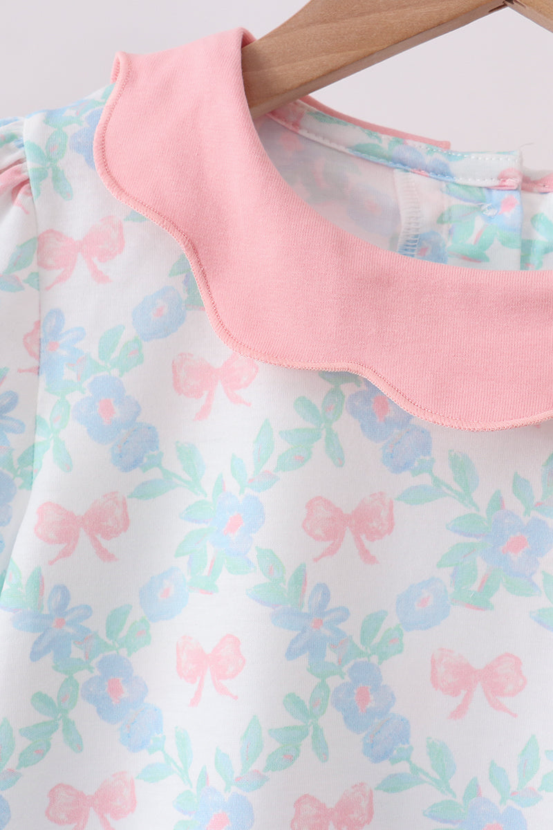 Pink Floral Bow Print Scalloped Shorts Set - Aaria Tees Aaria Tees