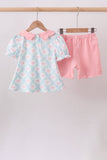 Pink Floral Bow Print Scalloped Shorts Set - Aaria Tees Aaria Tees