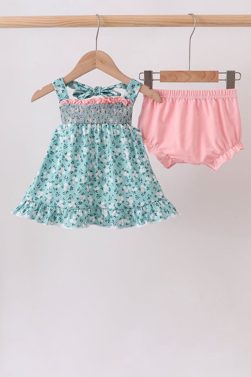 Green Floral Smocked Ruffle Bloomer Set - Aaria Tees