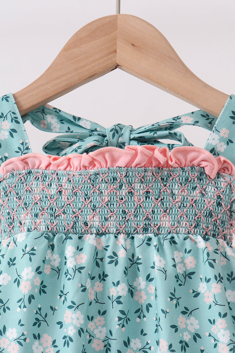 Green Floral Smocked Ruffle Bloomer Set - Aaria Tees Aaria Tees