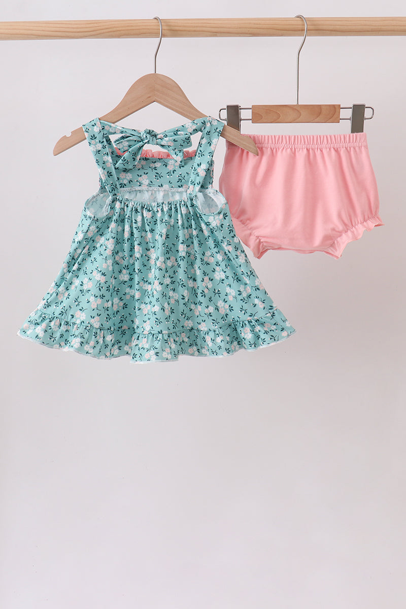 Green Floral Smocked Ruffle Bloomer Set - Aaria Tees Aaria Tees