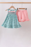 Green Floral Smocked Ruffle Shorts Set - Aaria Tees Aaria Tees