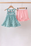 Green Floral Smocked Ruffle Shorts Set - Aaria Tees Aaria Tees
