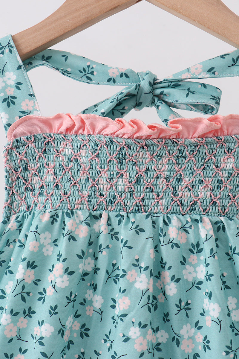 Green Floral Smocked Ruffle Dress - Aaria Tees Aaria Tees