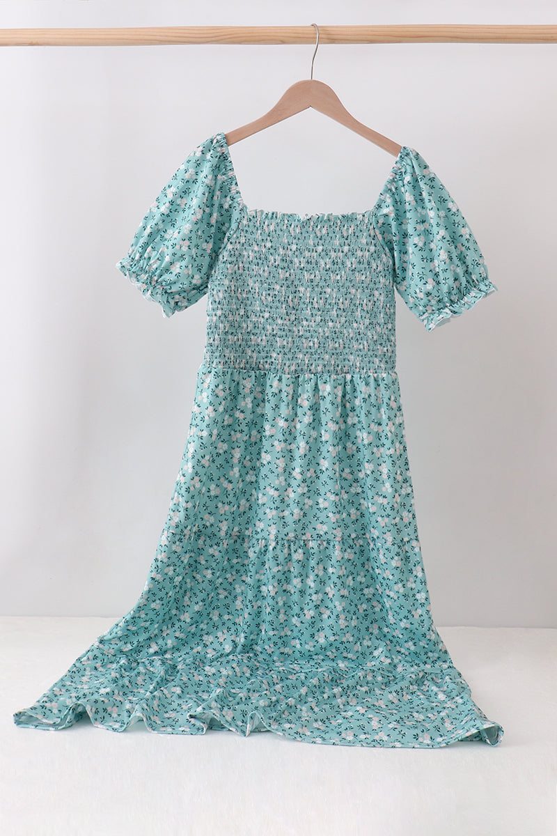 Green Floral Smocked Mom Dress - Aaria Tees Aaria Tees