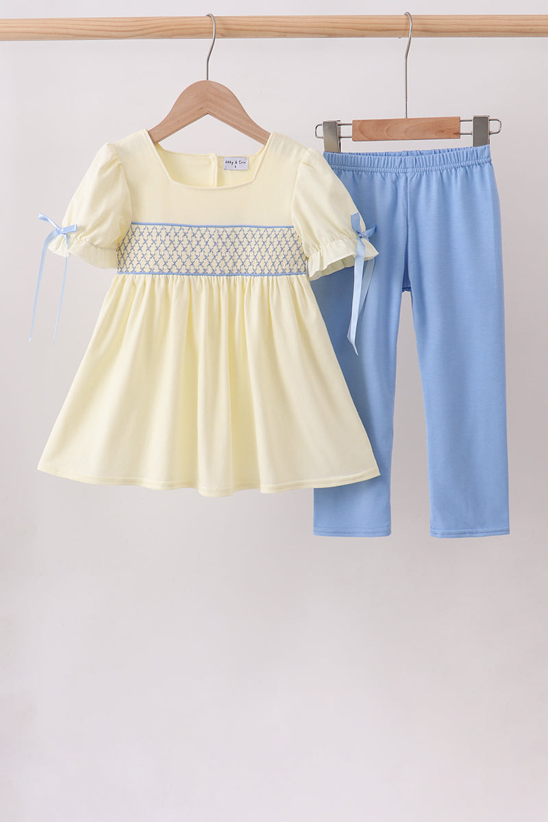 Cream smocked bow pants set - Aaria Tees