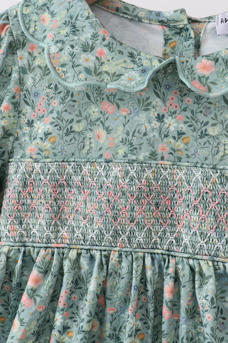 Green Floral Smocked Dress - Aaria Tees Aaria Tees