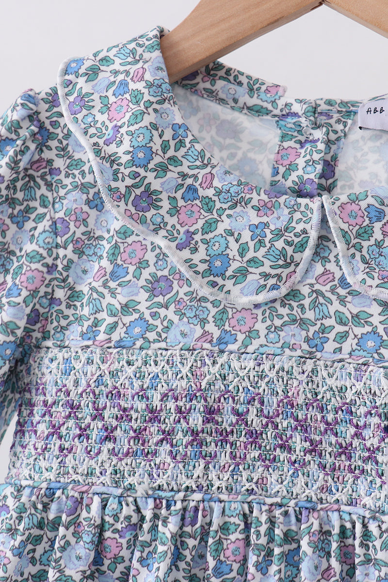 Blue Floral Smocked Dress - Aaria Tees Aaria Tees
