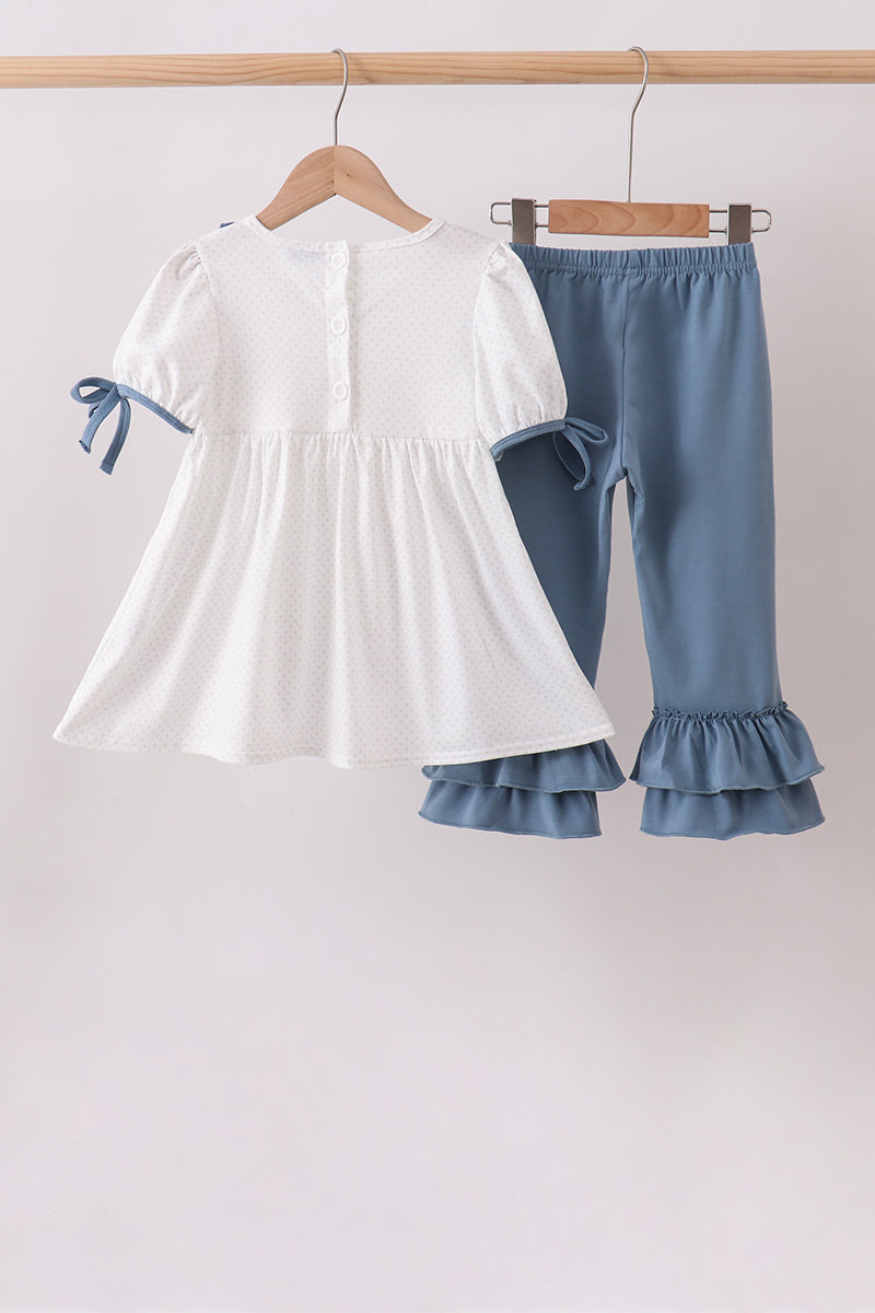 Blue Apple Crayon French Knot Ruffle Pants Set - Aaria Tees Aaria Tees