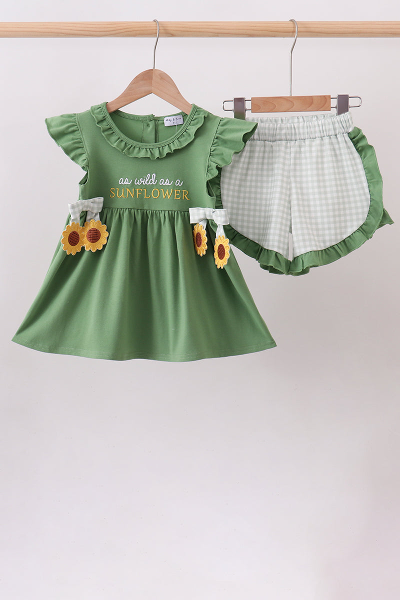 Green Sunflower Applique Ruffle Shorts Set - Aaria Tees