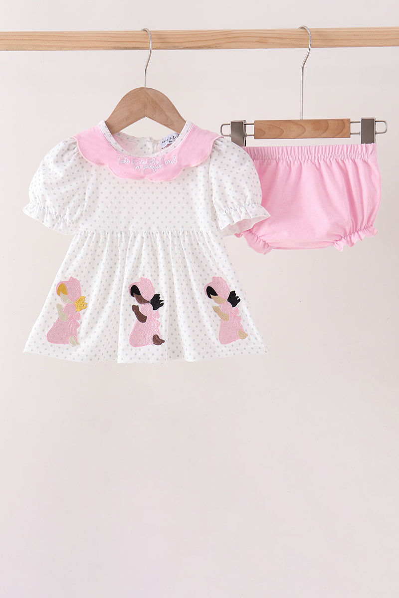 Pink Prayer Embroidery Ruffle Bloomer Set - Aaria Tees